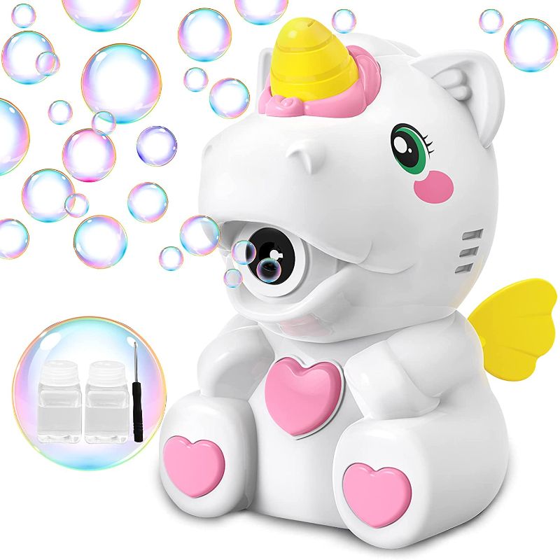 Photo 1 of Comken Bubble Machine Blower for Toddlers, Unicorn Auto Bubble Maker with 2 Bottles of Bubble Solutions, Portable Bubble Blower Toys for Wedding Indoor Outdoor Parties Kid's Birthday Gifts
