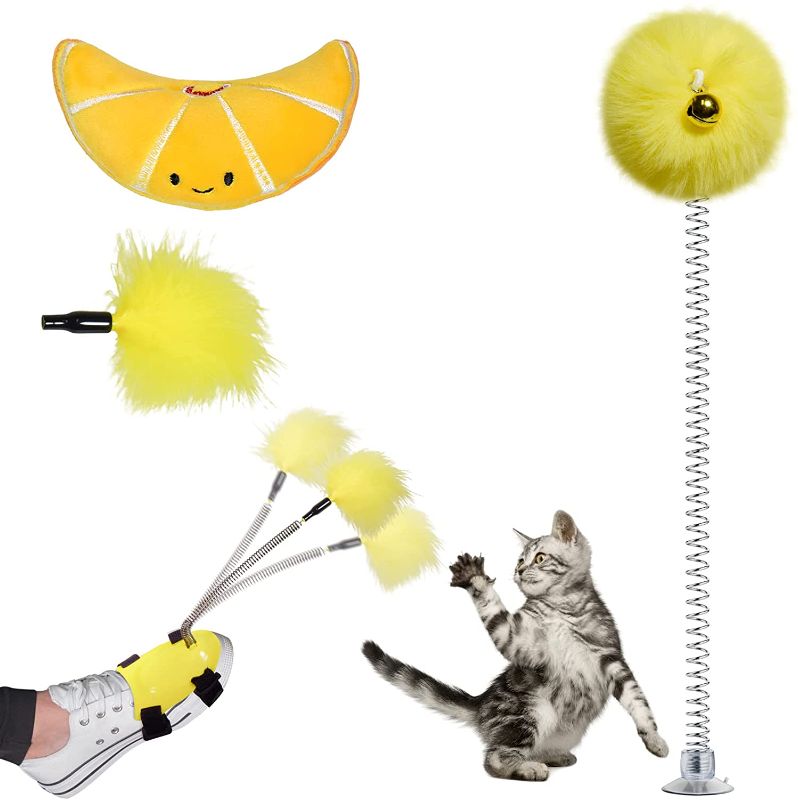 Photo 1 of Cat Teaser Wand, Mewowpet Interactive Foot Tied Cat Feather Teaser Toy, Metal Wire Spring Cat Toy with Bell Sucker, Catnip Toys, for Indoor Cats Kitty with 1 Feather Replacement
