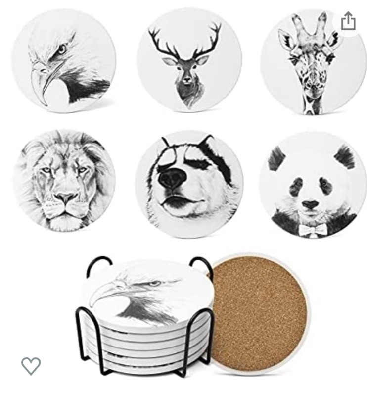 Photo 1 of Coasters for Drinks, Absorbent Drink Coasters with Holder (6-Piece Set), Marble Coasters, Ceramic Coasters Set for Home and Kitchen - Animal