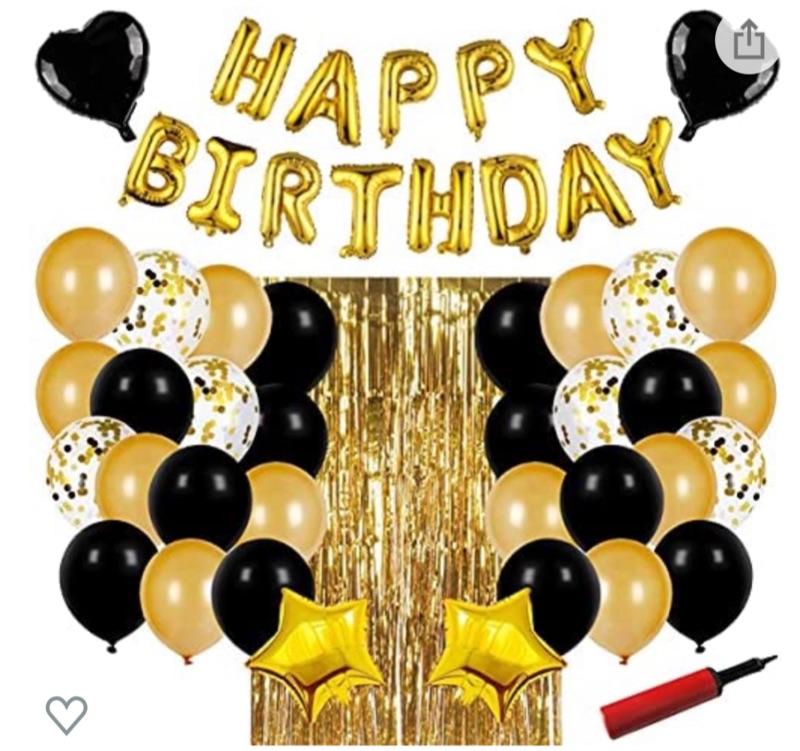 Photo 1 of Happy Birthday Balloon Birthday Party Decorations Set with Happy Birthday Banner, Confetti Balloons, Foil Fringe Curtain, Pump for Girls or Boys, Men or Women - Black and Gold