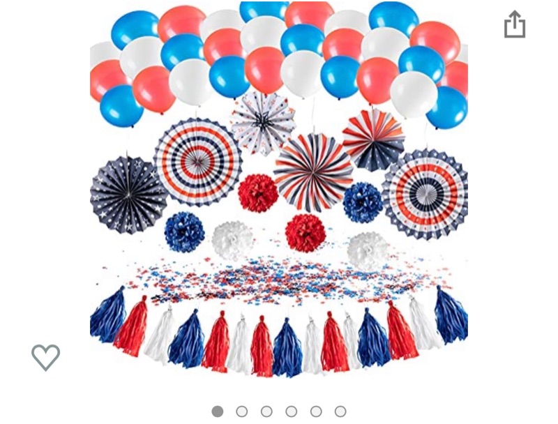 Photo 1 of 55 Pcs Patriotic Party Decorations - American Flag Party Supplies, Included Paper Fans, Balloons, Star Confetti, Pom Poms, Tissue Paper Tassel Garland for 4th July Independence Day Decoration