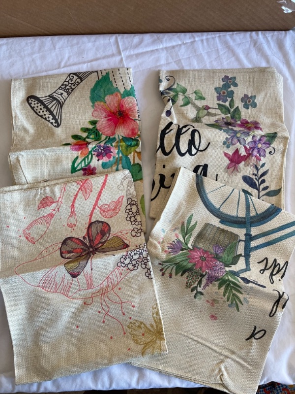 Photo 1 of Anickal Spring Pillow Covers 18x18 Inch Set of 4 for Spring Decorations Hello Spring Wreath Bicycle Butterfly Decorative Throw Pillow Covers for Spring Home Farmhouse Decor