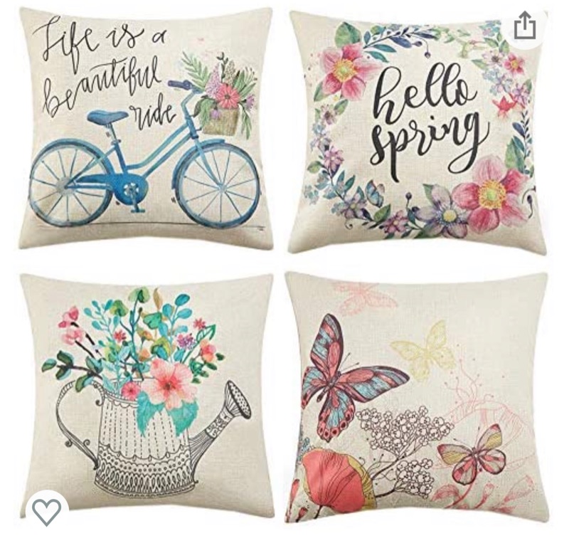 Photo 1 of Anickal Spring Pillow Covers 18x18 Inch Set of 4 for Spring Decorations Hello Spring Wreath Bicycle Butterfly Decorative Throw Pillow Covers for Spring Home Farmhouse Decor