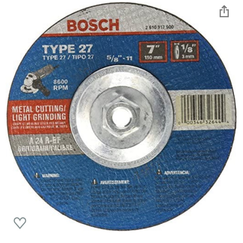 Photo 1 of BOSCH CG27M701 7 In. 1/8 In. 5/8-11 In. Arbor Type 27 24 Grit Light Grinding/Metal Cutting Abrasive Wheel