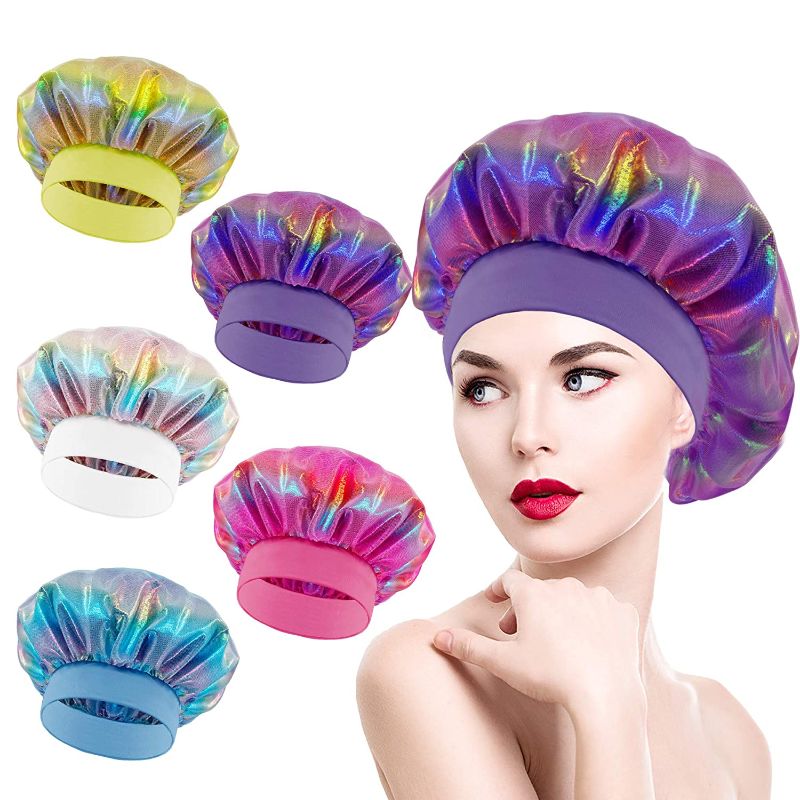 Photo 1 of 5 Packs Shinny Satin Bonnet for Women Soft Satin Sleep Cap Holographic Hair Loss Cap Salon Bonnet Night Hat Sleeping Cap Bonnets