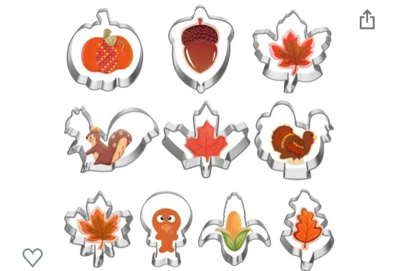 Photo 1 of 10 Pcs Fall Thanksgiving Cookie Cutters Set, Holiday Metal Cookie Cutters, Pumpkin Cookie Cutter and Maple Leaf, Turkey, Oak Leaf, Turkey Leg, Squirrel, Acorn, Corn Cookie Cutters