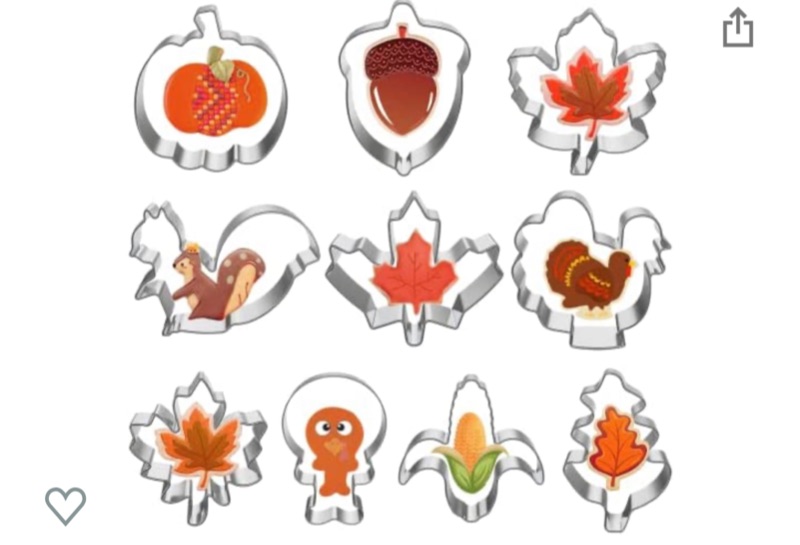 Photo 1 of 10 Pcs Fall Thanksgiving Cookie Cutters Set, Holiday Metal Cookie Cutters, Pumpkin Cookie Cutter and Maple Leaf, Turkey, Oak Leaf, Turkey Leg, Squirrel, Acorn, Corn Cookie Cutter