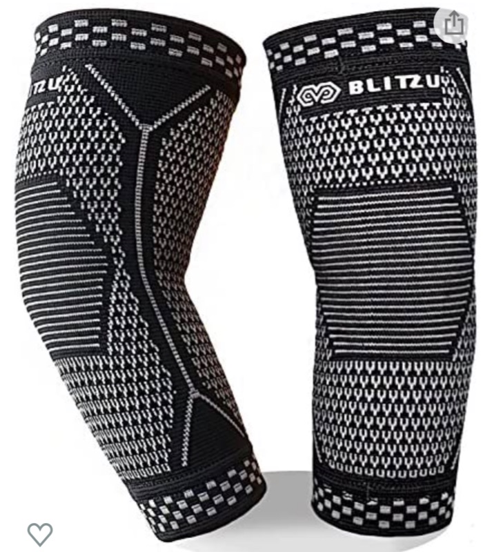 Photo 1 of BLITZU Elbow Brace (1 Pair) for Men & Women - Compression Sleeves Support for Tendonitis, Tennis Elbow, Golf Elbow, Arthritis Treatment, Gym Workout, Weightlifting, Pain Relief, & Recovery BLACK L