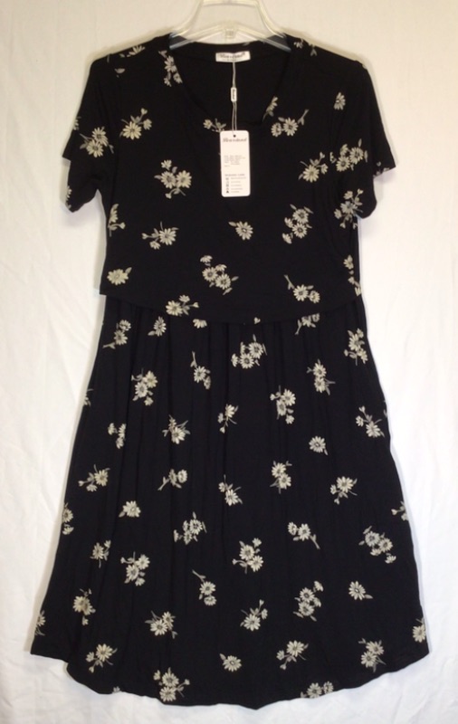 Photo 2 of Bearsland Women's Short Sleeves Maternity Dress Nursing Breastfeeding Dresses with Pockets-Black w White Flowers- Size Medium