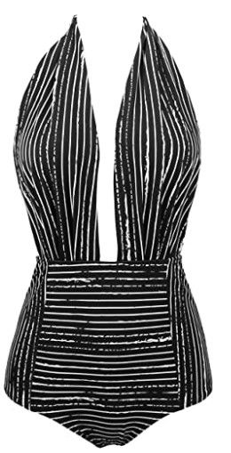 Photo 1 of COCOSHIP Retro One Piece Backless Bather Swimsuit High Waisted Pin Up Swimwear One Piece Halter Swimsuit by Cocoship- Extreme Deep V Neck-Long Halter Ties- Black with Artistic White Stripes- Size 8 Large