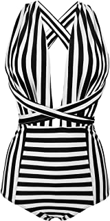 Photo 3 of COCOSHIP Retro One Piece Backless Bather Swimsuit High Waisted Pin Up Swimwear One Piece Halter Swimsuit by Cocoship- Extreme Deep V Neck-Long Halter Ties- Black with Artistic White Stripes- Size 8 Large