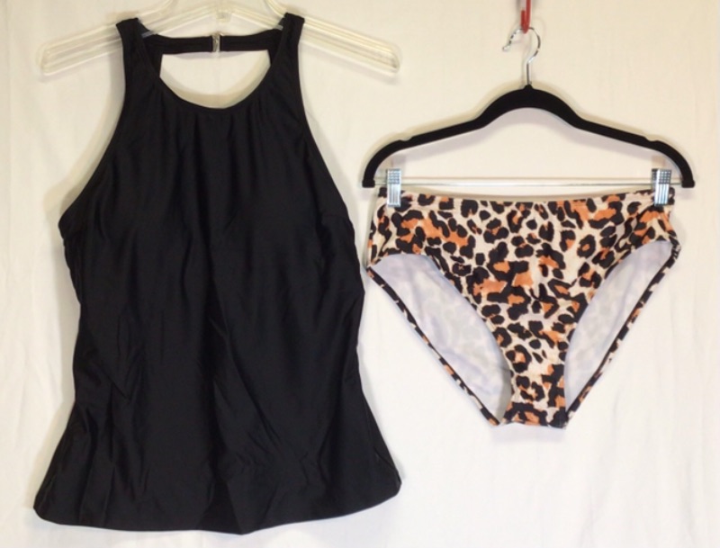 Photo 1 of Women's Two Piece Tankini Swimsuit- Black High Neck Top- Leopard Bottoms-Size Large