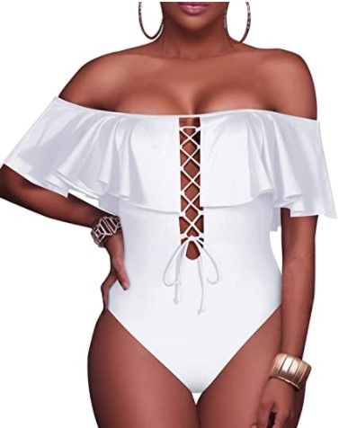 Photo 1 of Tempt Me Women's Sexy One Piece Swimsuits Lace Up Ruffled Bathing Suit Off Shoulder Flounce-White-Size Large