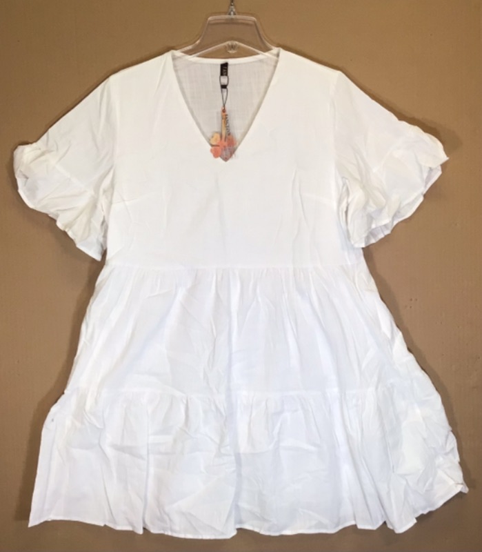 Photo 2 of FANCYINN Women’s Cute Shift Dress with Pockets Bell Sleeve Ruffle Hem V Neck Loose Swing Tunic Mini Dress-White-Size Large