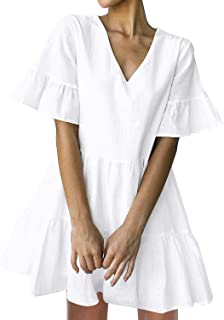 Photo 1 of FANCYINN Women’s Cute Shift Dress with Pockets Bell Sleeve Ruffle Hem V Neck Loose Swing Tunic Mini Dress-White-Size Large