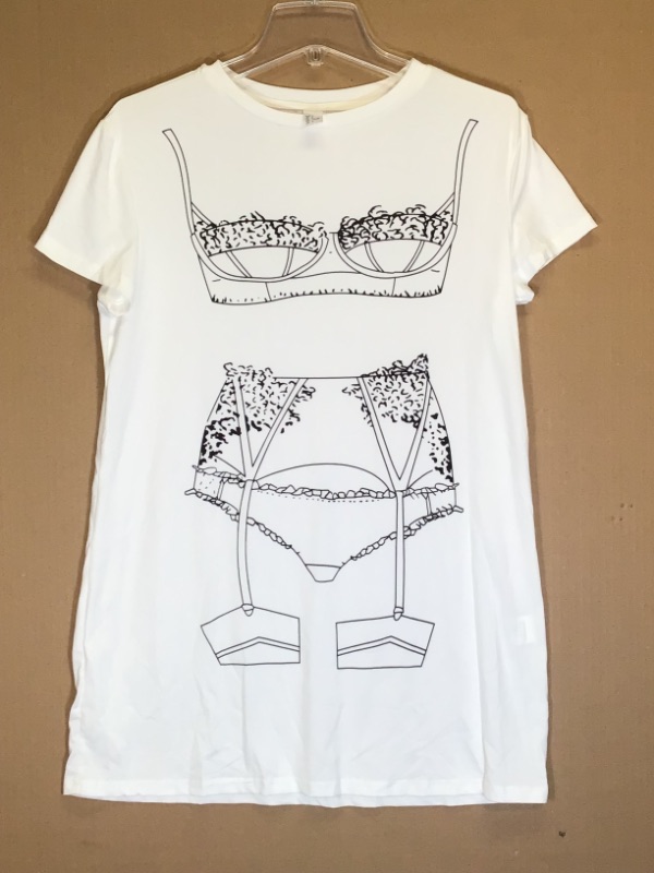 Photo 1 of Humorous Novelty  T Shirt- Long-Drawing of Bra and Panties on the Shirt- Size Women's Medium