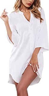 Photo 1 of Ekouaer Women's Nightgown Satin Sleepwear Button Down Sleepshirt V-Neck Silk Nightshirts- White-Size Large