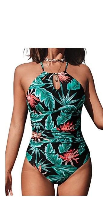 Photo 1 of CUPSHE Women's One Piece Swimsuit High Neck Tummy Control Swimwear Bathing Suit- Black and Green Floral- Size Large