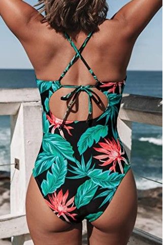 Photo 2 of CUPSHE Women's One Piece Swimsuit High Neck Tummy Control Swimwear Bathing Suit- Black and Green Floral- Size Large