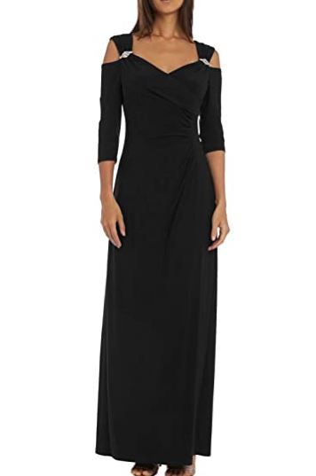 Photo 1 of Woman's Elegant Cold Shoulder 3/4 Sleeves Ruched Cocktail Party Dress-Rhinestone Decoration on Shoulder-Ball Gown- Black- Size Large
