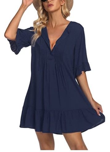 Photo 1 of AI'MAGE Women Swimsuit Cover Ups Shirt Button Down Bathing Suit Cover Up Dress Ruffle Sexy Beachwear-Navy Blue- Size Large