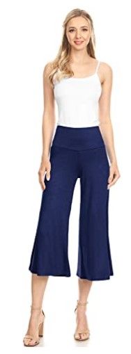 Photo 2 of Made By Johnny Women's High Elastic Waistband Wide Leg Palazzo Culotte Gaucho Capri Pants-Navy Blue- Size 2XLarge