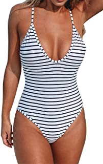 Photo 1 of CUPSHE Women's One Piece Swimsuit Striped Scoop Neck Cross Back Beach Swimwear Bathing Suits-White w Black Stripes-Size Large