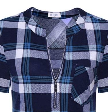 Photo 2 of Bulotus Women's Short Sleeve V-Neck Casual Plaid Tunic Shirt-Black/Blue and White Plaid-Size Large