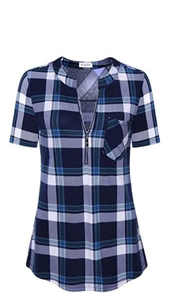 Photo 1 of Bulotus Women's Short Sleeve V-Neck Casual Plaid Tunic Shirt-Black/Blue and White Plaid-Size Large