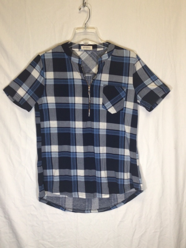 Photo 3 of Bulotus Women's Short Sleeve V-Neck Casual Plaid Tunic Shirt-Black/Blue and White Plaid-Size Large