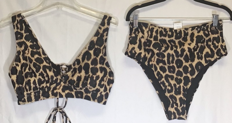 Photo 1 of Women's Two Piece Swimsuit Bikini-Leopard Print-V Neck Top-Lace Up in Back-High Cut High Waist Bottom- Size XL