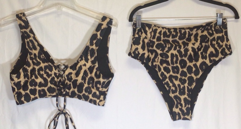 Photo 2 of Women's Two Piece Swimsuit Bikini-Leopard Print-V Neck Top-Lace Up in Back-High Cut High Waist Bottom- Size XL
