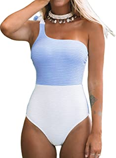 Photo 1 of CUPSHE Women's One Piece Swimsuit Color Block One Shoulder Bowknot Bathing Suit-Blue and White- Size Small