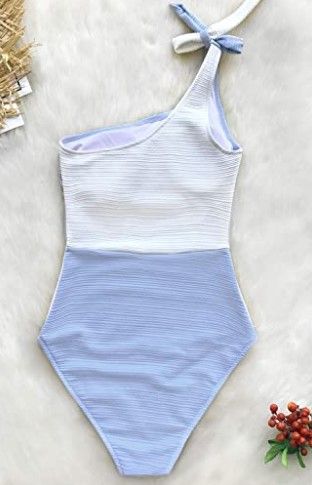 Photo 1 of CUPSHE Women's One Piece Swimsuit Color Block One Shoulder Bowknot Bathing Suit-Blue and White- Size Small