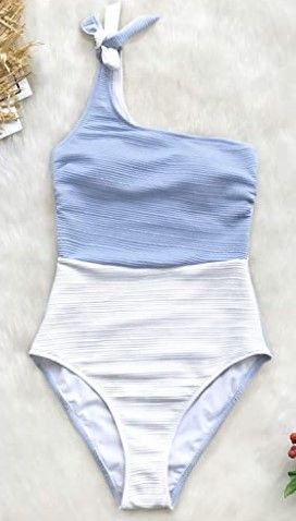 Photo 2 of CUPSHE Women's One Piece Swimsuit Color Block One Shoulder Bowknot Bathing Suit-Blue and White- Size Small