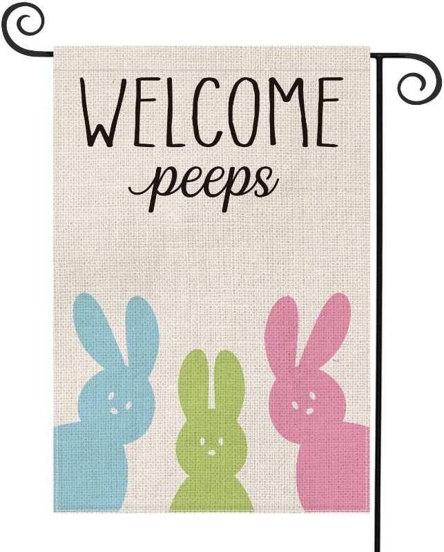 Photo 1 of AVOIN Welcome Easter Garden Flag Vertical Double Sided Easter Bunny Rabbit, Spring Summer Rustic Farmhouse Yard Outdoor Decoration 12.5 x 18 Inch