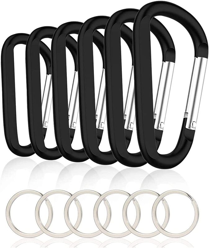 Photo 1 of 3 Boxes- Each Box is 6PCS Carabiner Caribeaner Clip,3" Large Aluminum D Ring Shape Carabeaner with 6PCS Keyring Keychain Hook-Black