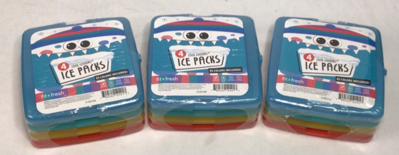 Photo 4 of 3 Packages-Fit & Fresh Cool Slim Reusable Ice Packs Boxes, Lunch Bags and Coolers, Set of 4 per Package, Multicolored, 12 Ice Packs Total Here. 