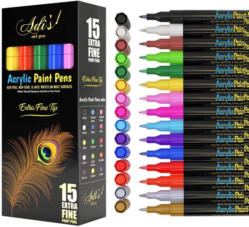 Photo 3 of Acrylic Paint Pens for Rocks Painting Ceramic, Wood, Glass Canvas, Water Based. Set of 15 Acrylic Paint Markers by ADIS&GUYS (Extra Fine Tip)