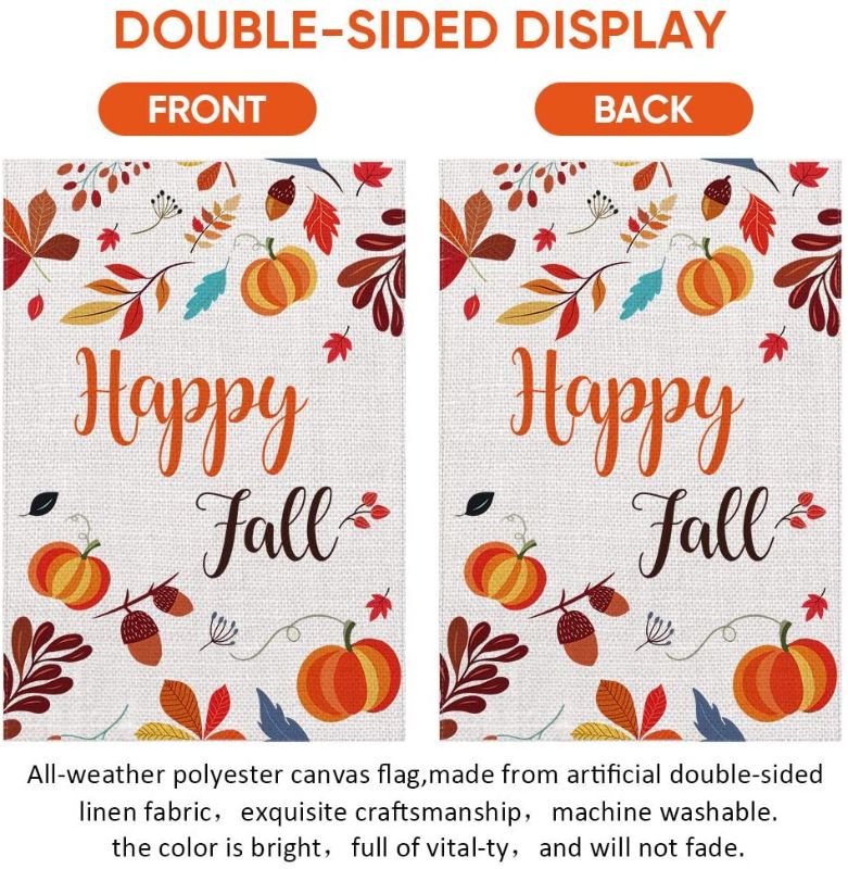 Photo 2 of 8 Pack-Happy Fall Garden Flag Double Sided Maple Leaf Leaves Pumpkins, Seasonal Autumn Farmhouse Thanksgiving Burlap Yard Outdoor Decoration 12.5 x 18 Inch 