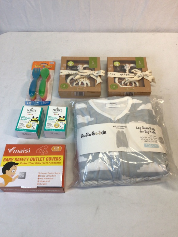 Photo 1 of Small Bundle of Baby/Toddler Items- 1) Sophie La Giraffe Teethers (2)  2) Zarbee's Daily Probiotic Drops (2), Baby Safety Outlet Covers  62 Pack 3) Fork and Spoons  for 9month+  4) BaeBae Goods Leg Sleep Bag for Big Kits 2-3 years