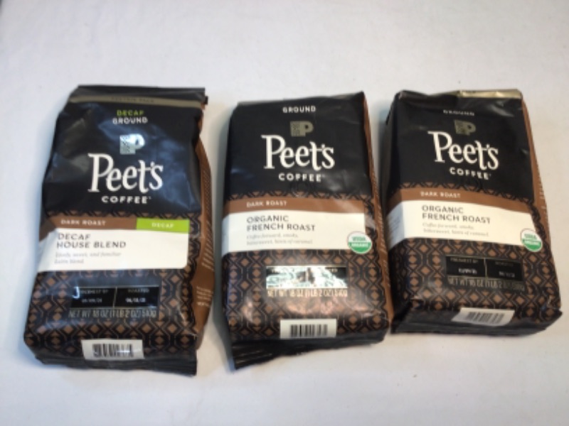 Photo 3 of 3 Bags Peets Ground Coffee-2 Bags- Peet's Coffee, Organic French Roast - Dark Roast Ground Coffee - 18 Ounce Bag, USDA Organic
PLUS Peet's Coffee, Decaf House Blend - Dark Roast Decaffeinated Ground Coffee - 18 Ounce Bag