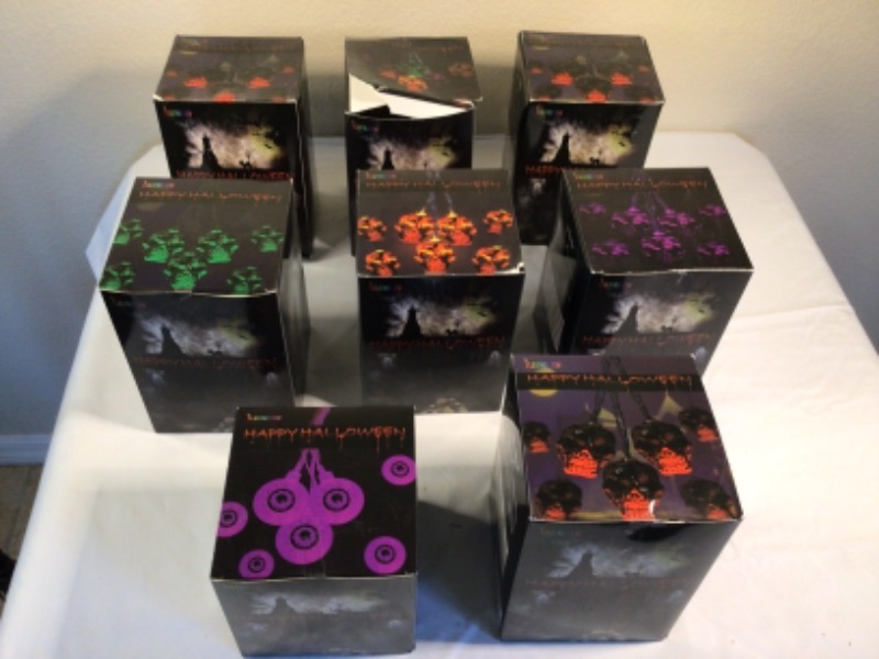 Photo 1 of 8 Boxes of Halloween String Lights- Skulls, Eyeballs Variety of Colors-Green, Purple, Orange