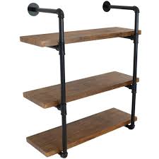 Photo 1 of 34.50 in. Teak Industrial Style 3-Tier Wall Bookshelf - Black Pipe Frame
