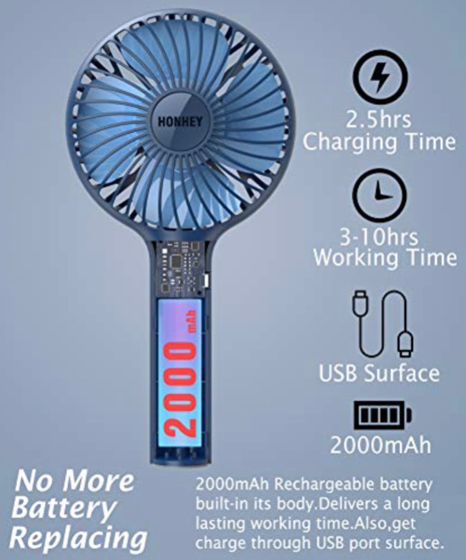 Photo 4 of HonHey Handheld Fan Portable, Mini Hand Held Fan with USB Rechargeable Battery, 3 Speed Personal Desk Table Fan with Base, 8-12 Hours Operated Small Makeup Eyelash Fan for Women Girls Kids Outdoor