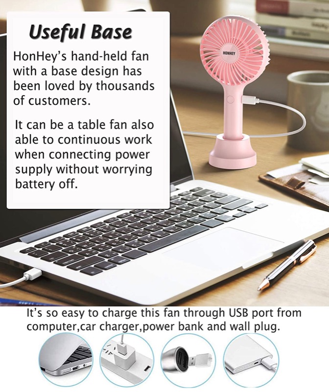 Photo 3 of HonHey Handheld Fan Portable, Mini Hand Held Fan with USB Rechargeable Battery, 3 Speed Personal Desk Table Fan with Base, 8-12 Hours Operated Small Makeup Eyelash Fan for Women Girls Kids Outdoor