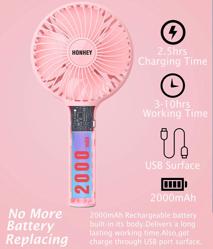 Photo 6 of HonHey Handheld Fan Portable, Mini Hand Held Fan with USB Rechargeable Battery, 3 Speed Personal Desk Table Fan with Base, 8-12 Hours Operated Small Makeup Eyelash Fan for Women Girls Kids Outdoor