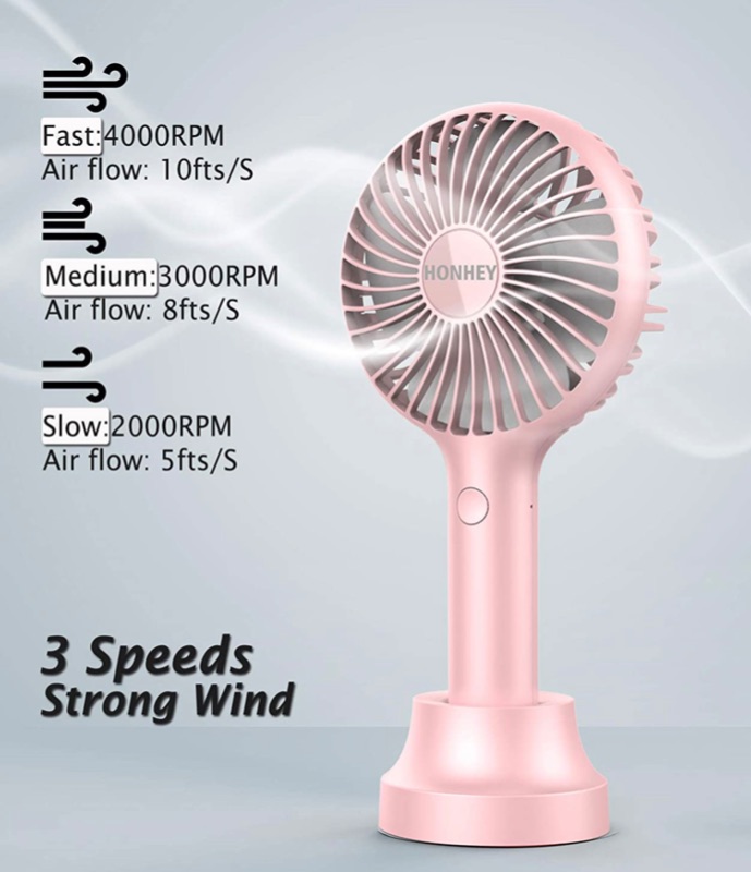 Photo 3 of HonHey Handheld Fan Portable, Mini Hand Held Fan with USB Rechargeable Battery, 3 Speed Personal Desk Table Fan with Base, 8-12 Hours Operated Small Makeup Eyelash Fan for Women Girls Kids Outdoor