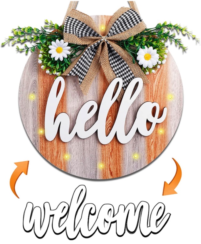 Photo 1 of AerWo Welcome Sign for Front Door Decor, Interchangeable Rustic Welcome Sign Decor with LED Lights, Farmhouse Wooden Thanksgiving Outdoor Sign Harvest Festival Decorations Clearance