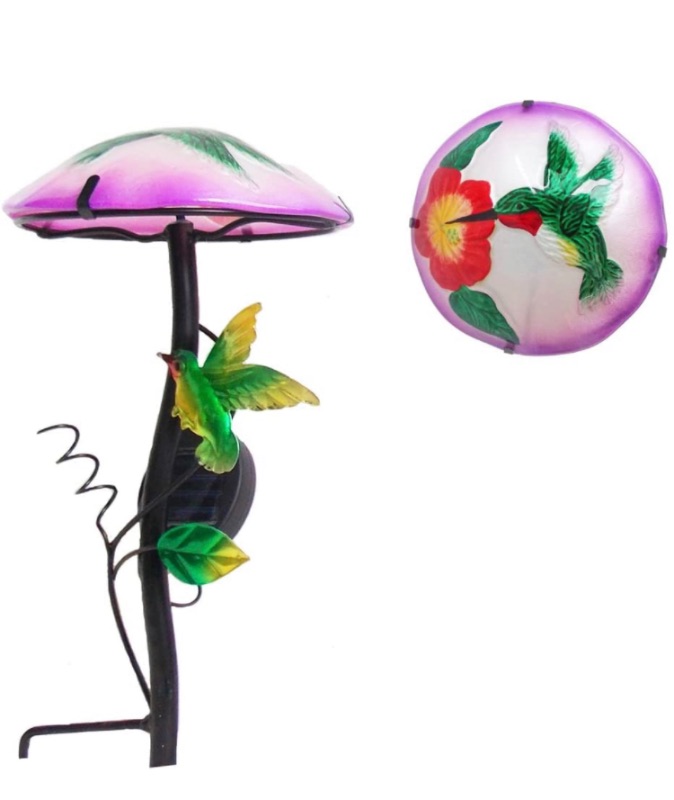 Photo 1 of Comfy Hour Bird Meets Garden Bath Collection 14" Height Mushroom Shape Hummingbird Flower Glass Top Solar Light Garden Stake